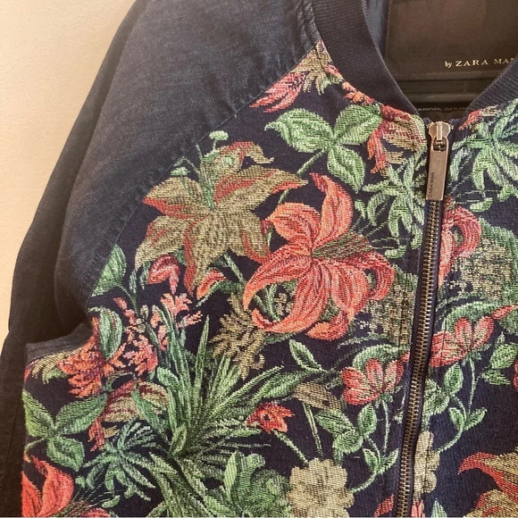 ZARA MAN Sz XL Black Tag Tapestry Jacquard Mix Media Slim Fit Bomber Jacket - Picture 11 of 13
